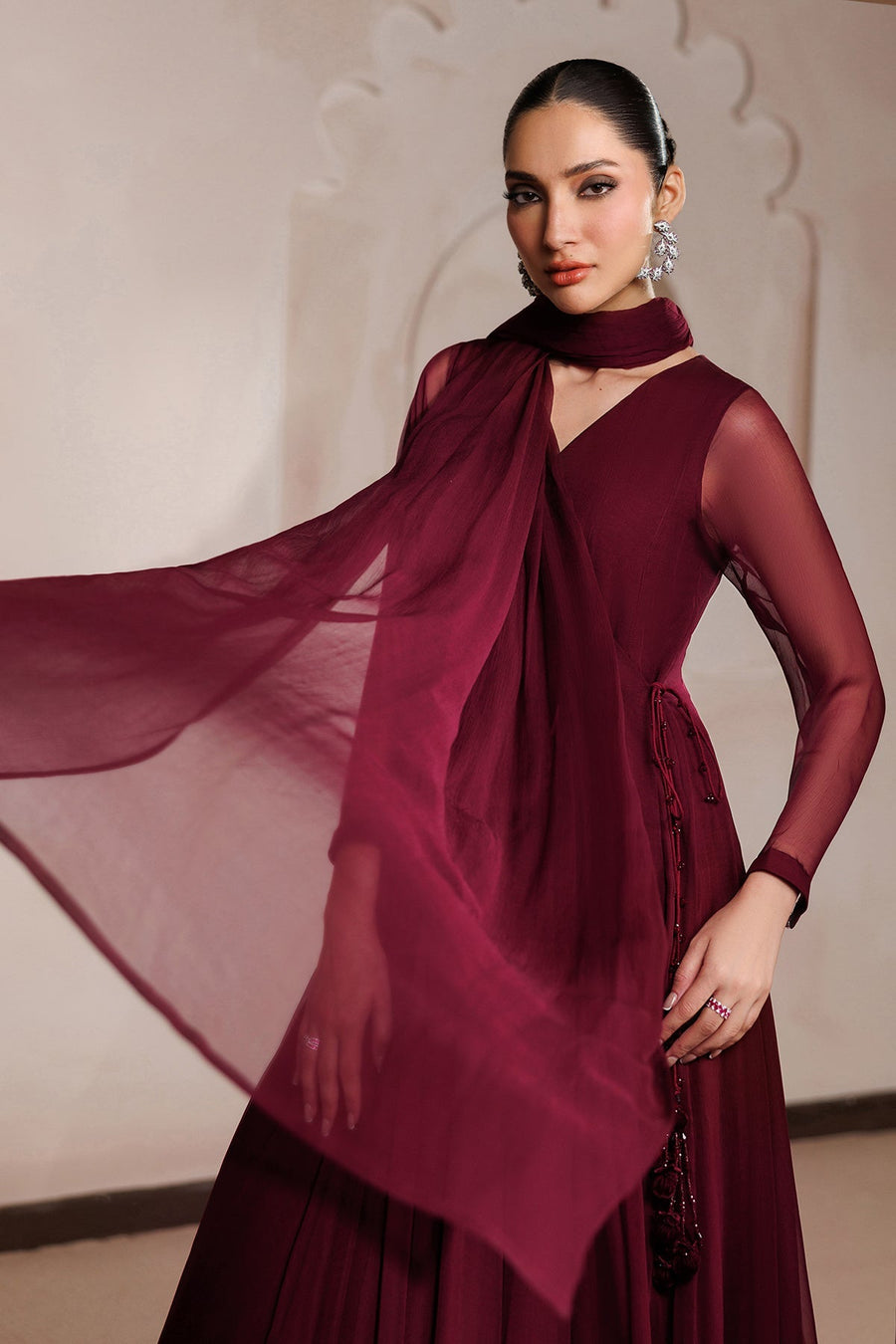 PR-1400 Embroidered Chiffon Angrakha 3-Piece Formal Suit with Sharara