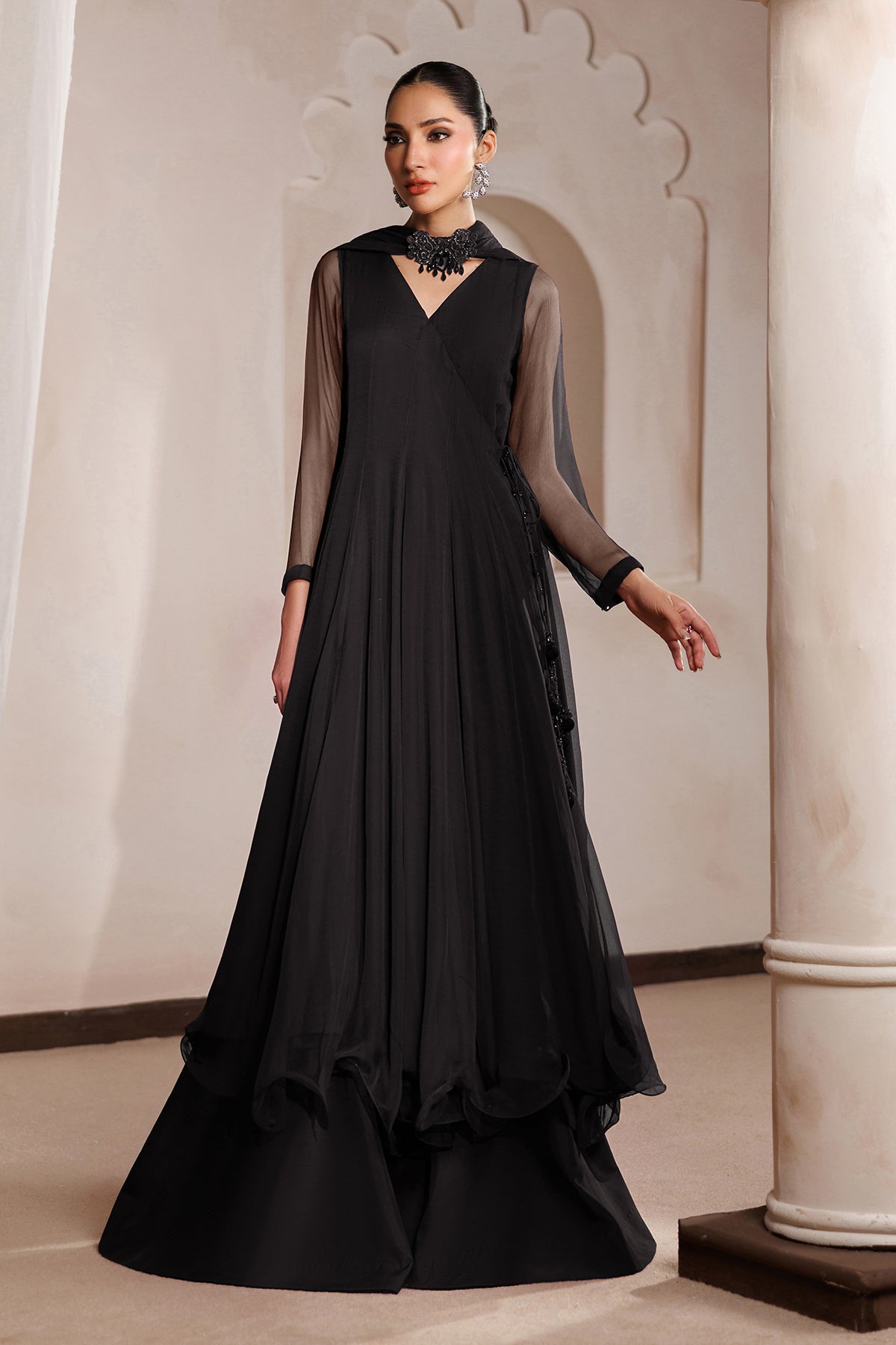 Embroidered Chiffon Angrakha 3-Piece Formal Suit with Sharara