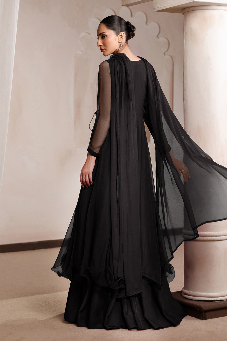 Embroidered Chiffon Angrakha 3-Piece Formal Suit with Sharara