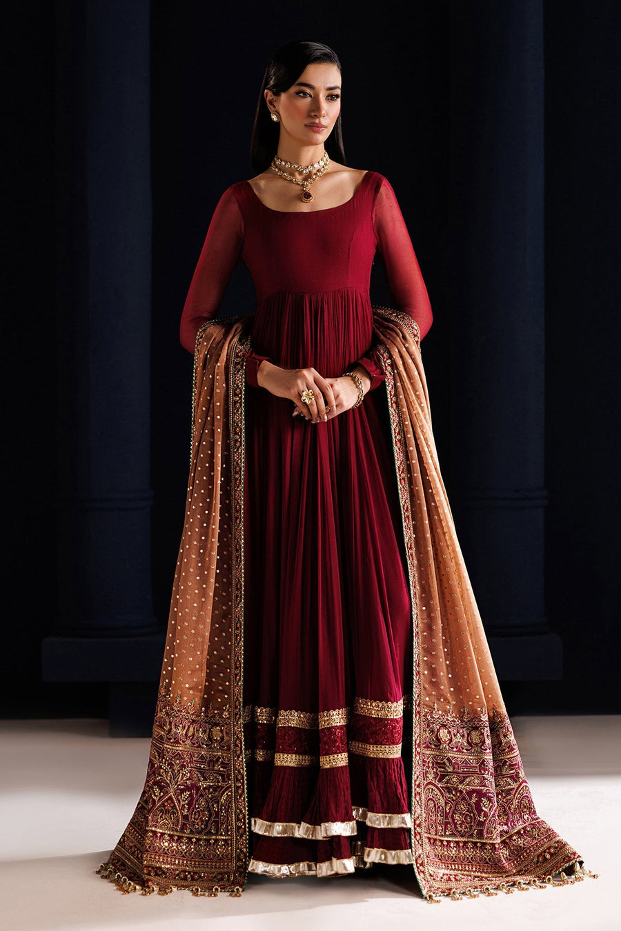 Embroidered Chiffon Frock 3-Piece Formal Suit with Zari Dupatta