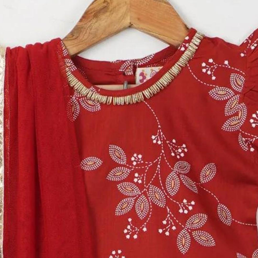 Girls Rust Rayon Floral Lehenga with Top and Dupatta (3 Piece)