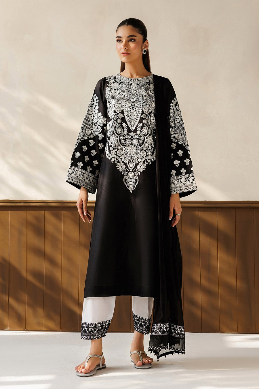 Black and White Embroidered Lawn Suit with Chiffon Dupatta