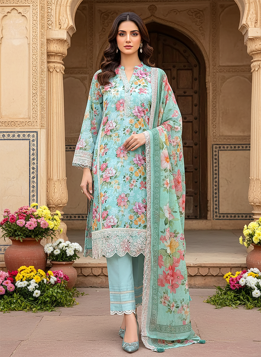 Cloudy Blue Floral Embroidered Lawn 3-Piece Stitched Suit with Cutwork Chiffon Dupatta