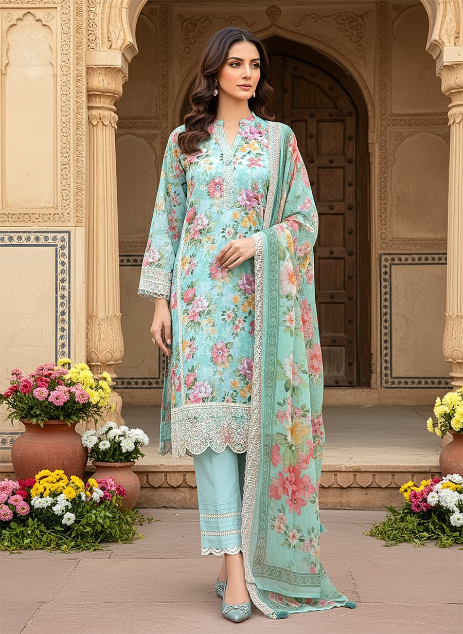 Cloudy Blue Floral Embroidered Lawn 3-Piece Stitched Suit with Cutwork Chiffon Dupatta