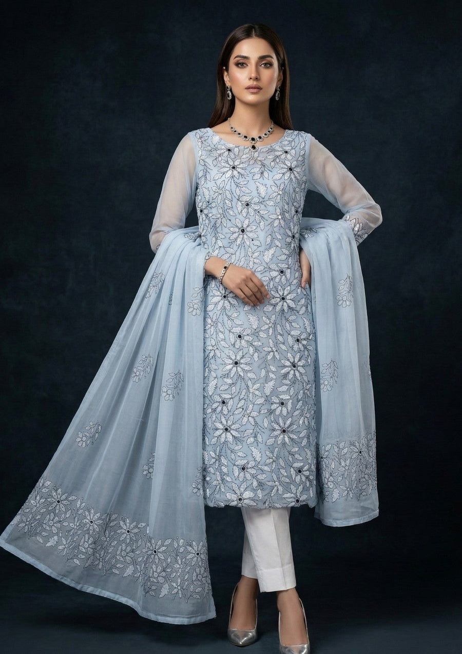 Sky Blue Chikankari & Mukesh Work Net Suit with Dupatta - Pehnaawaa