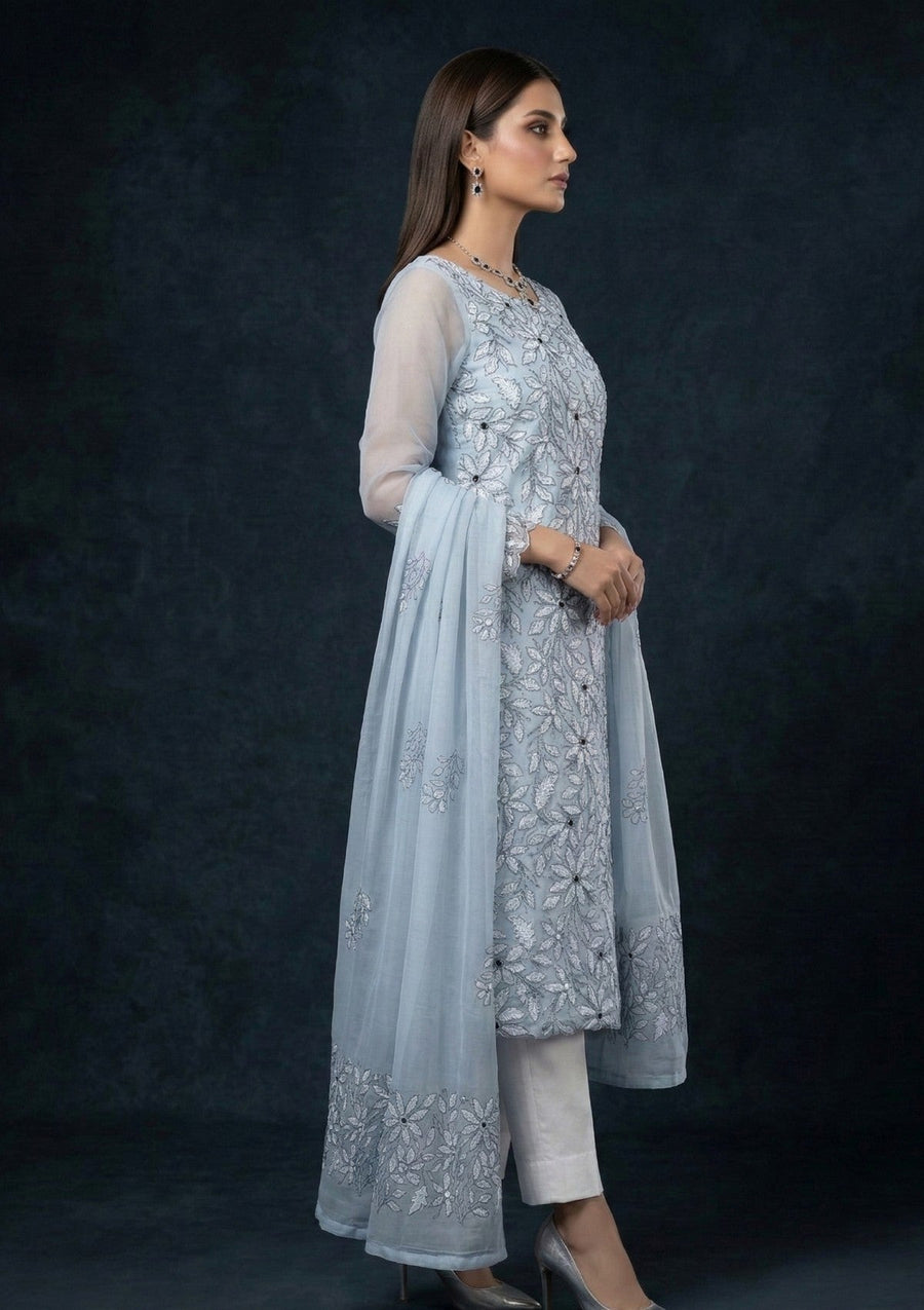 Sky Blue Chikankari & Mukesh Work Net Suit with Dupatta - Pehnaawaa