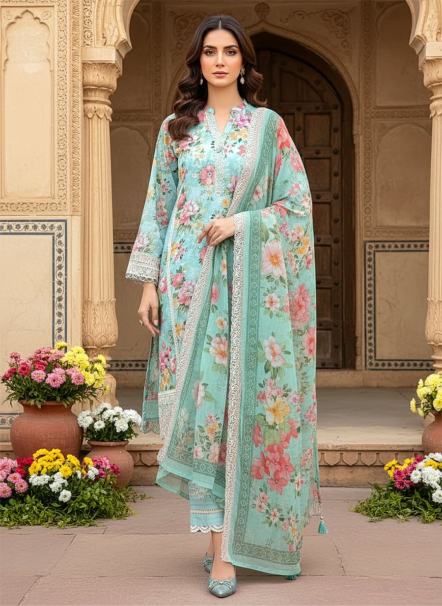 Cloudy Blue Floral Embroidered Lawn 3-Piece Stitched Suit with Cutwork Chiffon Dupatta