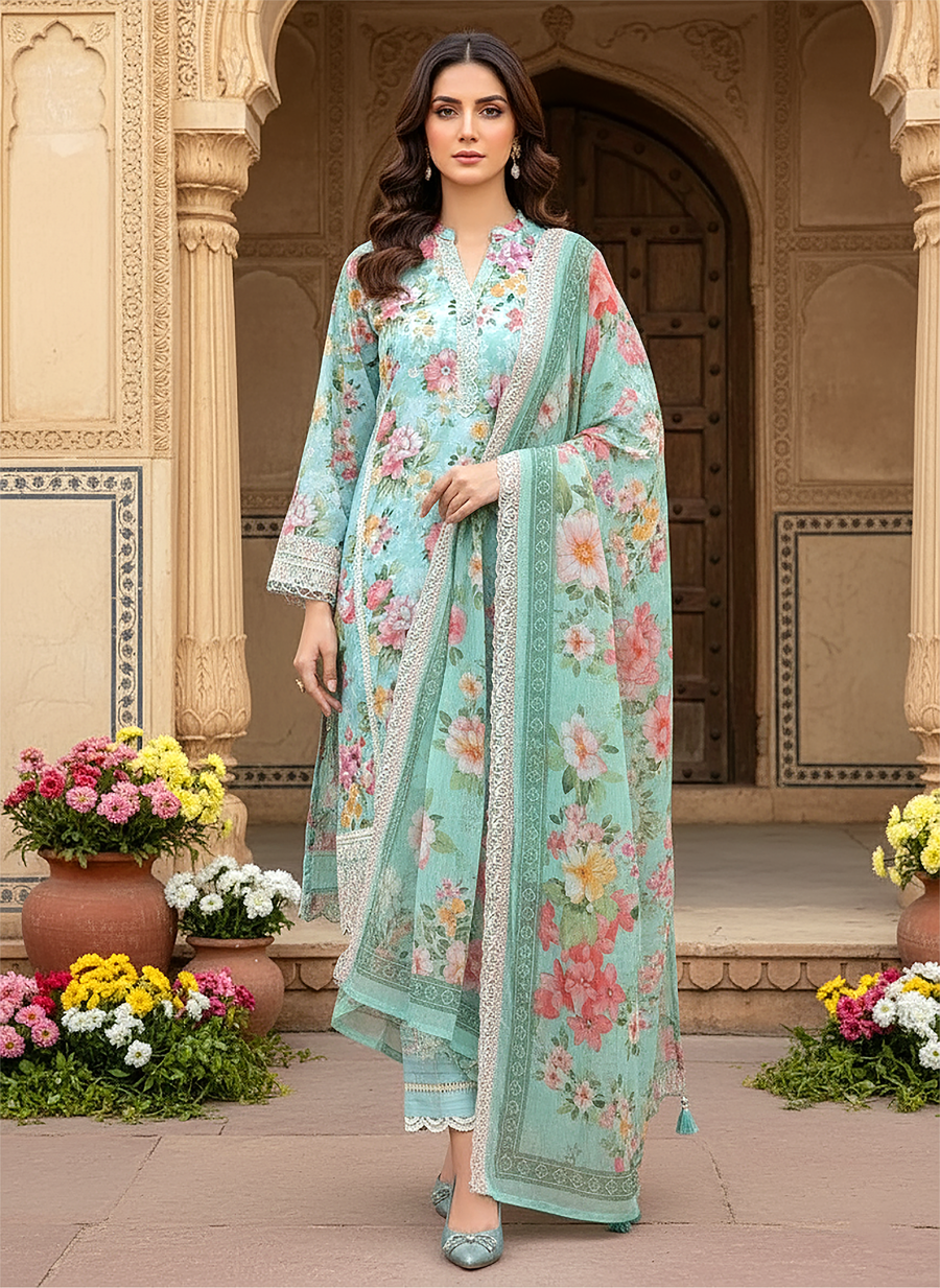 Cloudy Blue Floral Embroidered Lawn 3-Piece Stitched Suit with Cutwork Chiffon Dupatta