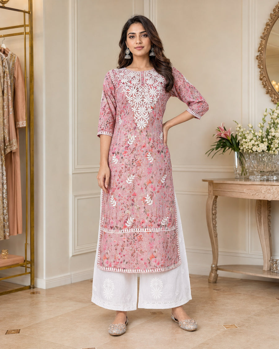 Old Rose Cotton Chikankari Kurta Set with White Palazzo