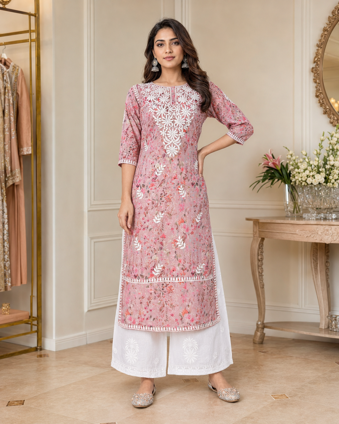 Old Rose Cotton Chikankari Kurta Set with White Palazzo