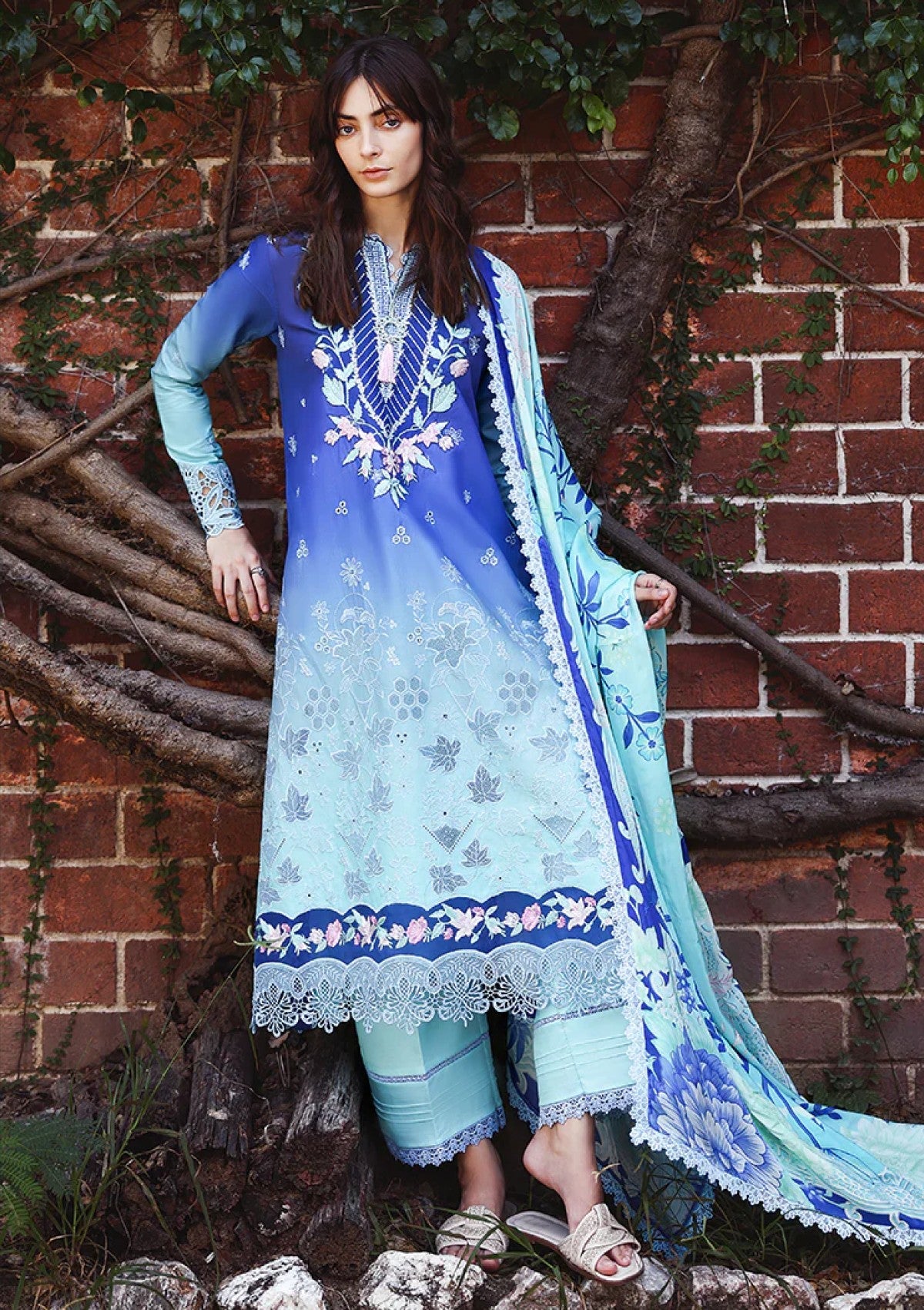 Ombre Blue Chikankari Lawn Suit with Digital Printed Silk Dupatta