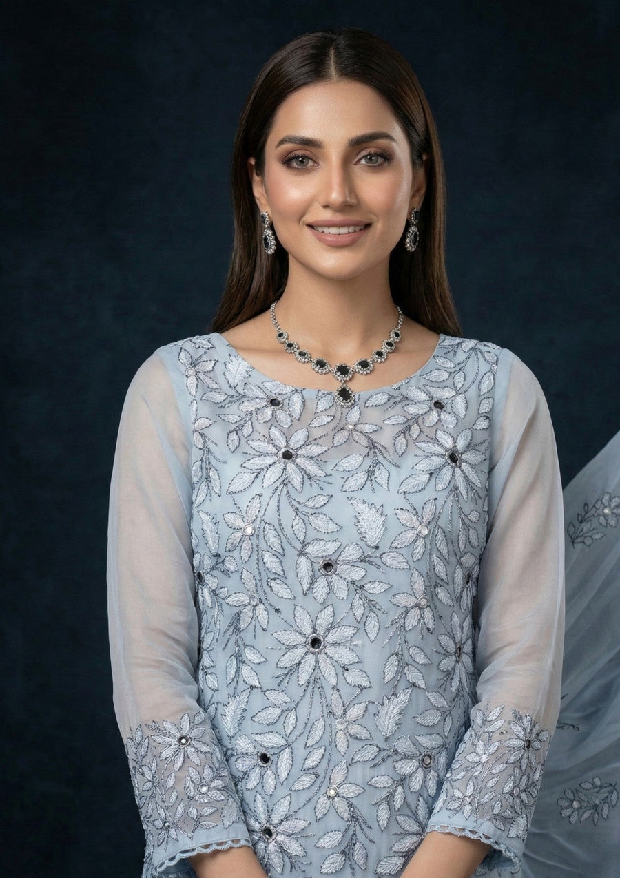 Sky Blue Chikankari & Mukesh Work Net Suit with Dupatta - Pehnaawaa