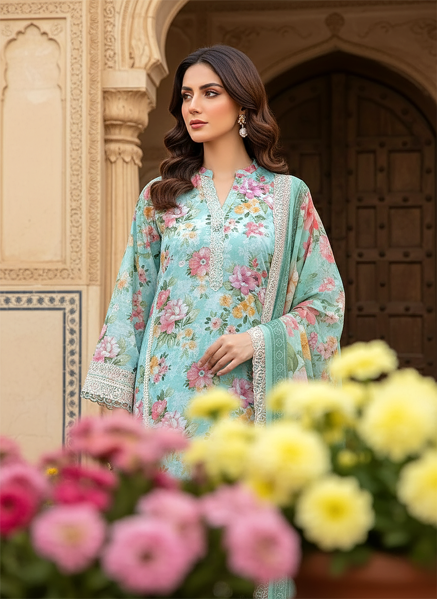 Cloudy Blue Floral Embroidered Lawn 3-Piece Stitched Suit with Cutwork Chiffon Dupatta
