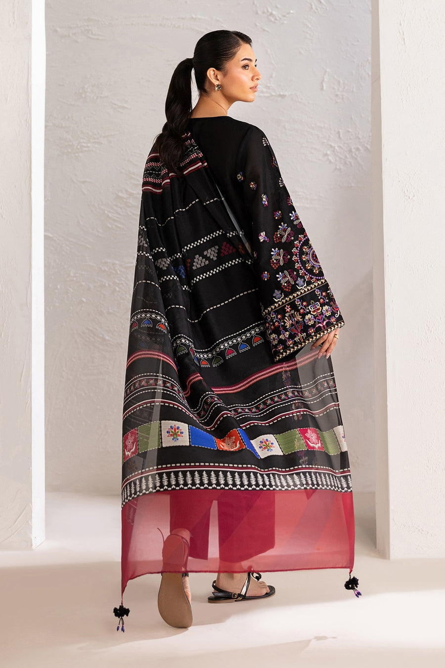 Black Multicolour Embroidered Lawn Suit with Silk Dupatta