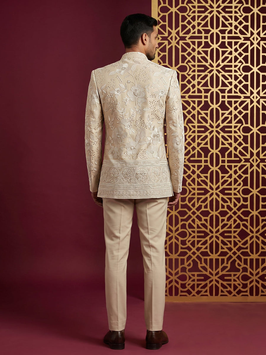 Silk Blend Floral Embroidered Indo-Western Set ( 50JIND 227Beige )