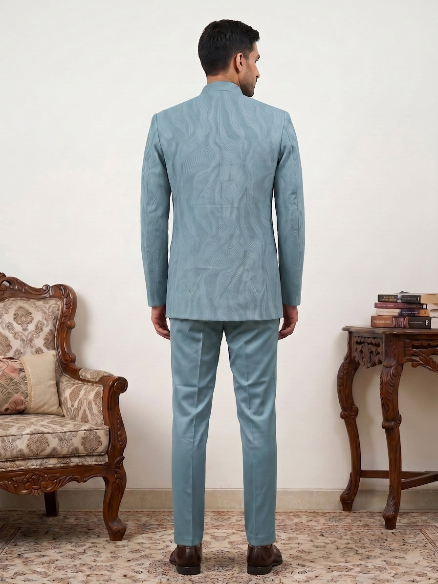 Men's Cotton Blend Embroidered Indo-Western Set ( 50JIND 218Sky )