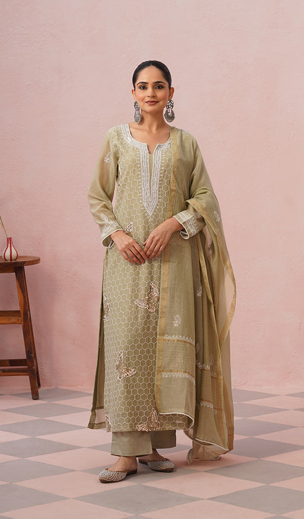 Women's Lakhnavi Handcrafted Mul Chanderi Chikankari Stitched Kurta, Dupatta And Pant Set - HONC0555586