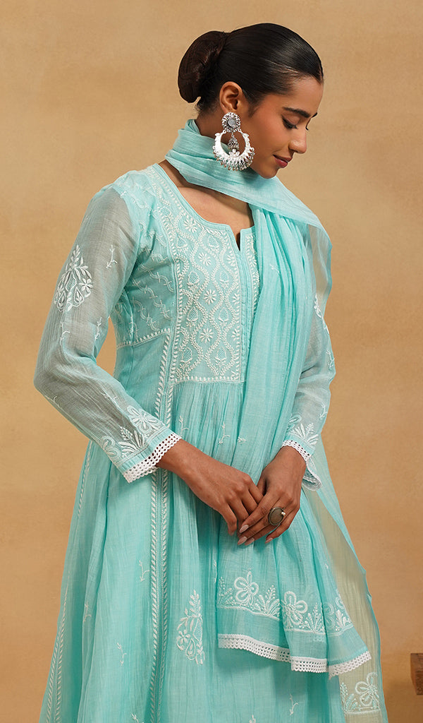 Women's Lakhnavi Handcrafted Mul Chanderi Chikankari Stitched Kurta, Dupatta And Pant Set - HONC0824547 - Pehnaawaa
