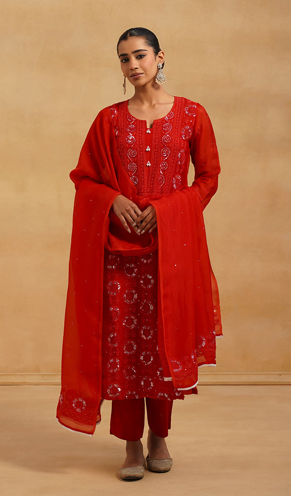 Women's Lucknowi Handcrafted Pure Organza Silk Stitched Chikankari Kurta, Dupatta With Pant Set