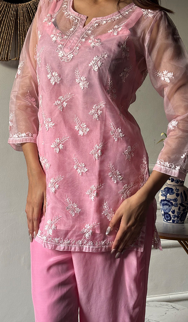 Women's Lucknowi Handcrafted Organza  Stitched Chikankari Kurta And Plazzo Set - Pehnaawaa