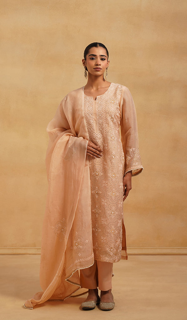 Women's Lucknowi Handcrafted Pure Organza Silk Stitched Chikankari Kurta, Dupatta With Pant Set- HONC054558