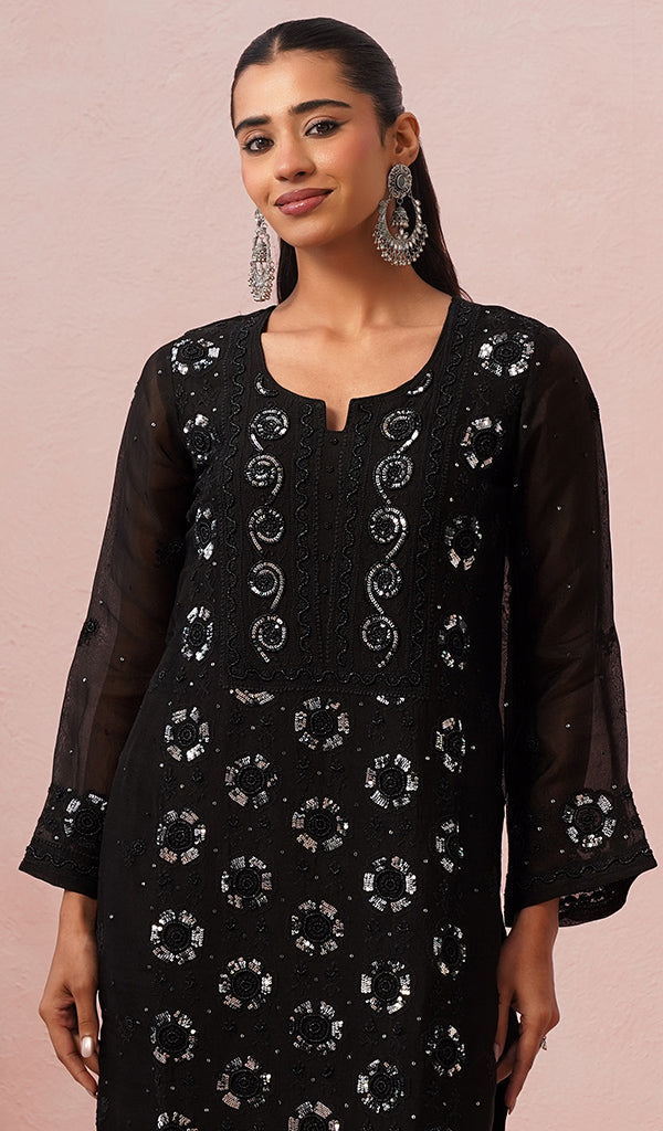 Women's Lucknowi Handcrafted Pure Organza Silk Stitched Chikankari Kurta, Dupatta With Pant Set
