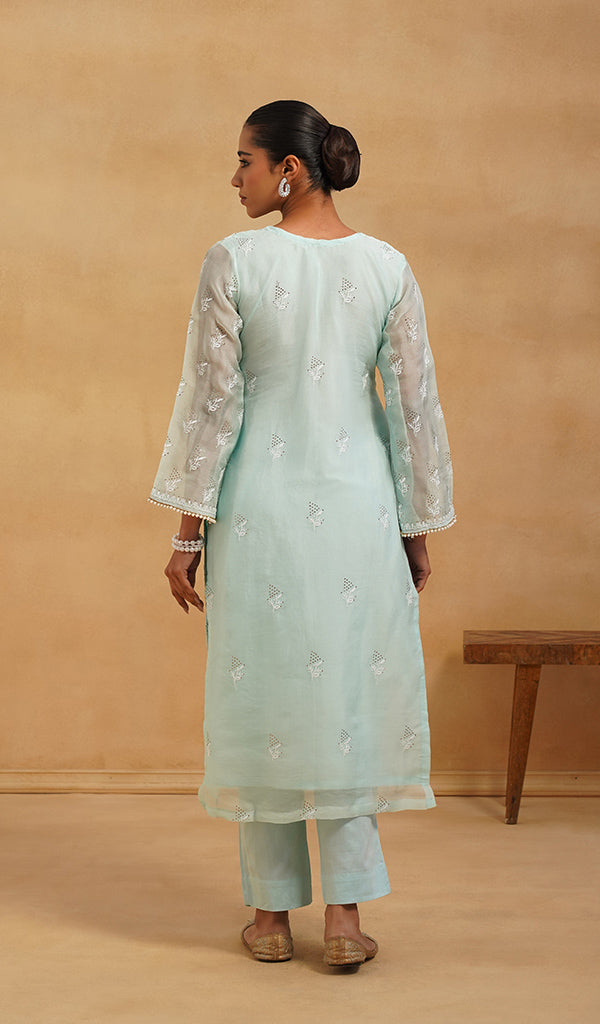 Women's Lucknowi Handcrafted Pure Organza Silk Stitched Chikankari Kurta, Dupatta With Pant Set