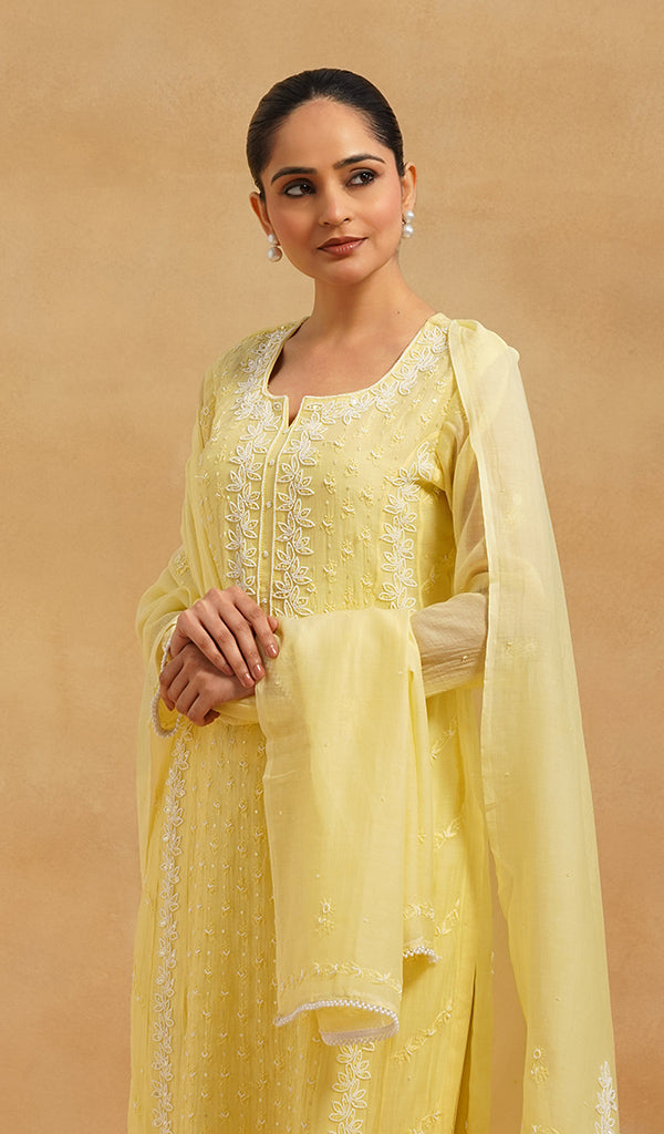 Saziya Women's Lakhnavi Handcrafted Mul Chanderi Chikankari Stitched Kurta, Dupatta And Pant Set