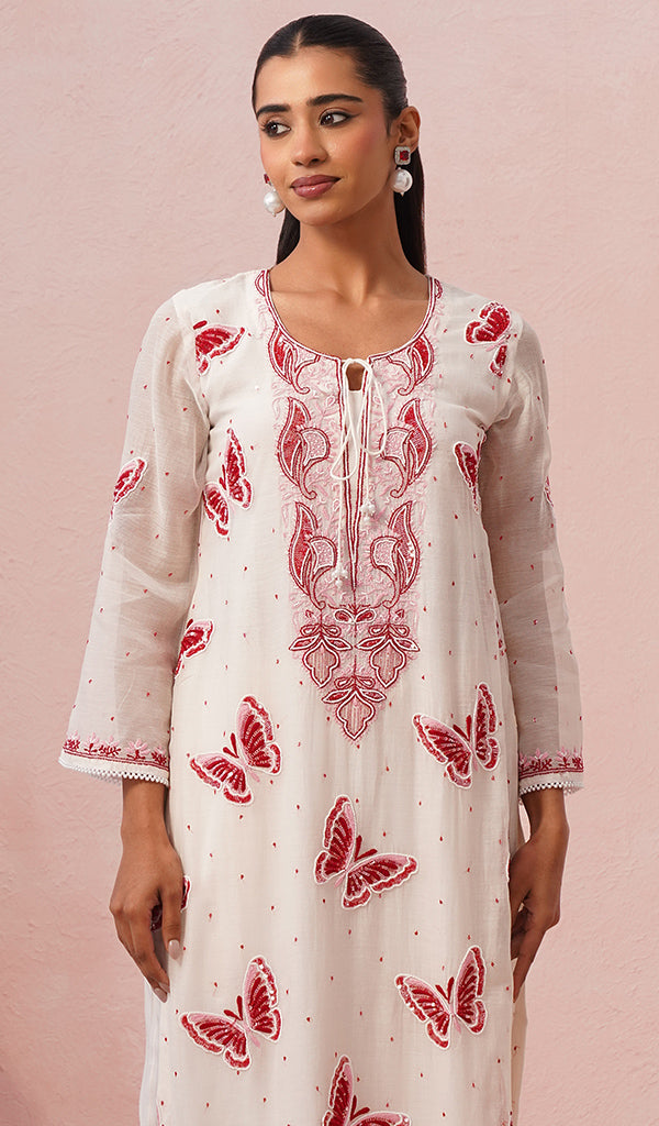 Titlee Women's Lakhnavi Handcrafted Mul Chanderi Chikankari Stitched Kurta, Dupatta And Pant Set