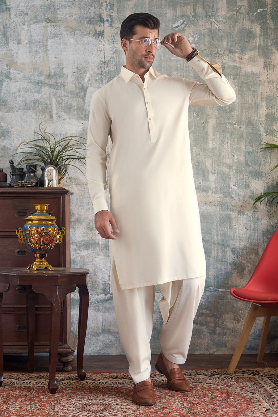 Ivory Silk-Touch 2-Piece Men's Kurta | Minimalist Button Front