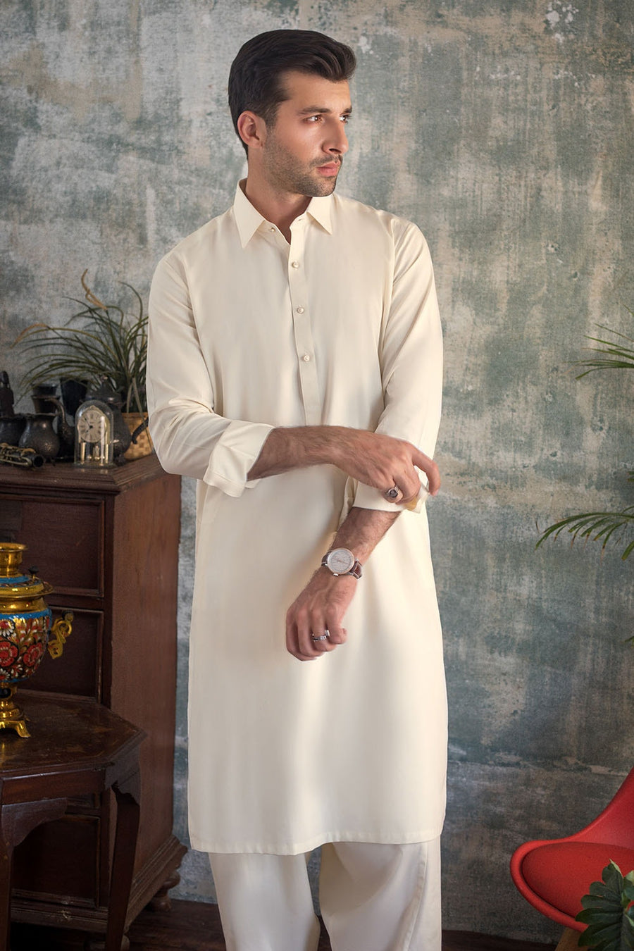 Ivory Silk-Touch 2-Piece Men's Kurta | Minimalist Button Front