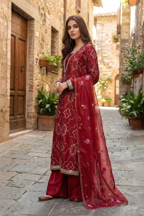 3 Piece - Embroidered Korean Silk Suit - Pehnaawaa