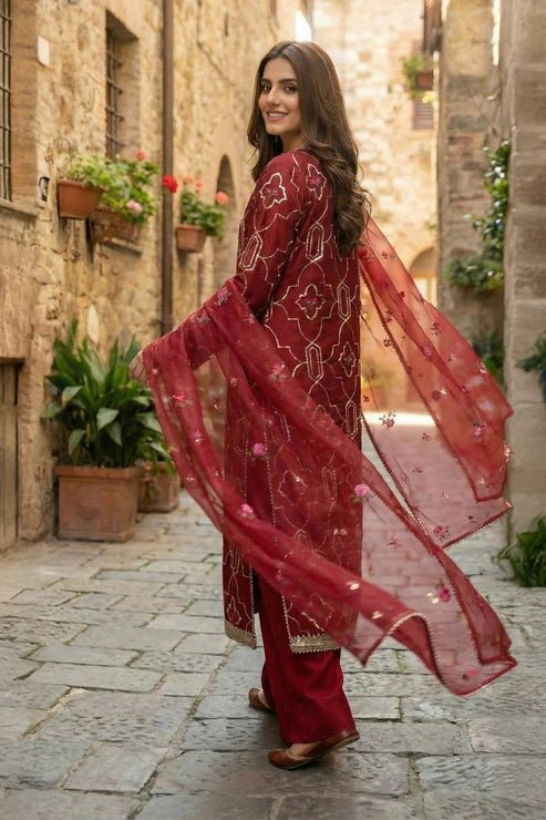 3 Piece - Embroidered Korean Silk Suit - Pehnaawaa