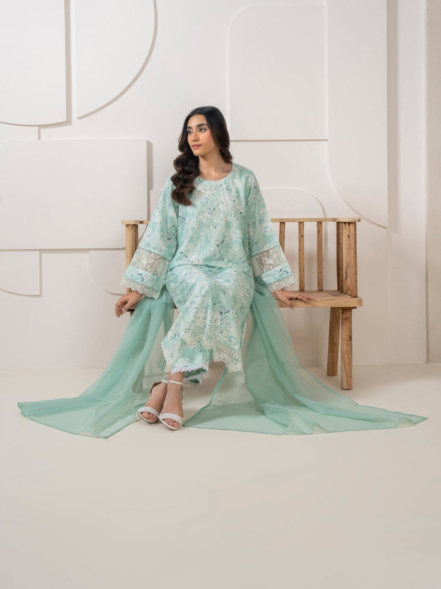 3 Piece Satin Suit - Embroidered (Pret) - Pehnaawaa