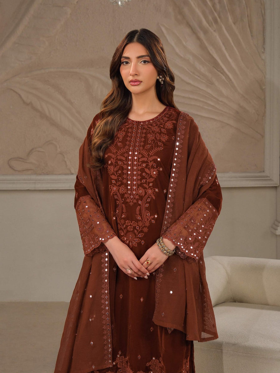 3 Piece Velvet Suit - Embroidered (Unstitched) - Pehnaawaa