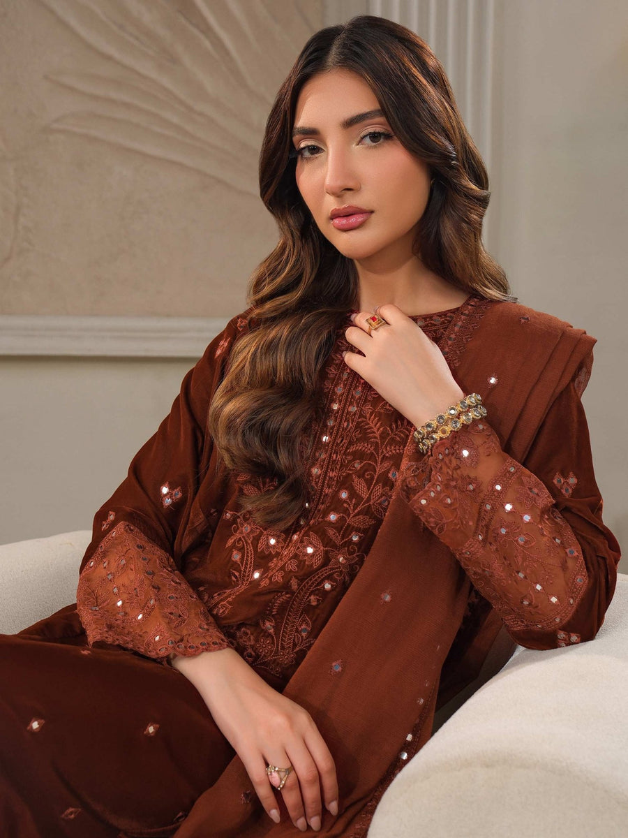 3 Piece Velvet Suit - Embroidered (Unstitched) - Pehnaawaa