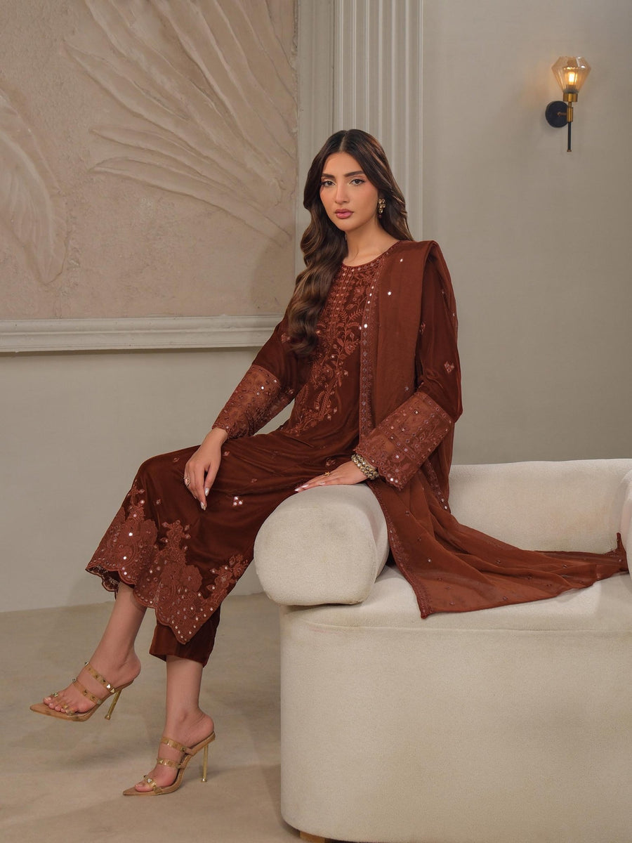 3 Piece Velvet Suit - Embroidered (Unstitched) - Pehnaawaa
