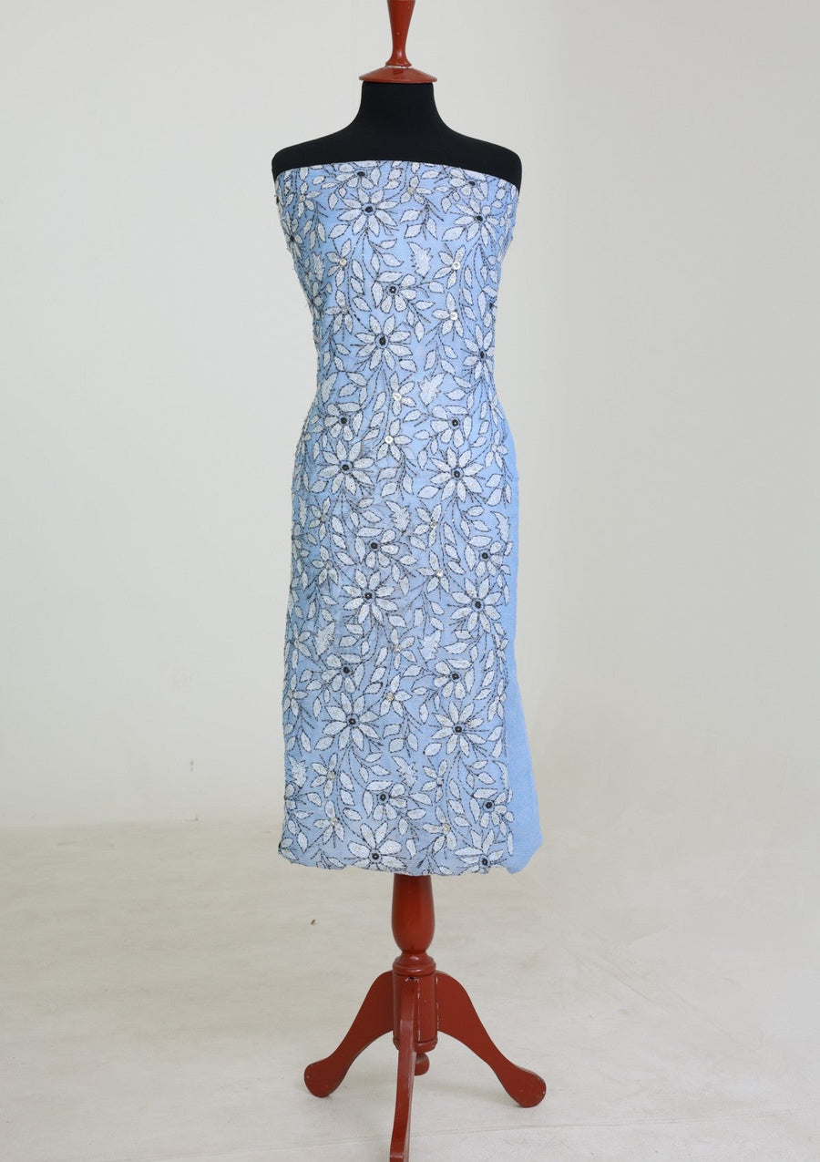 Sky Blue Chikankari & Mukesh Work Net Suit with Dupatta - Pehnaawaa
