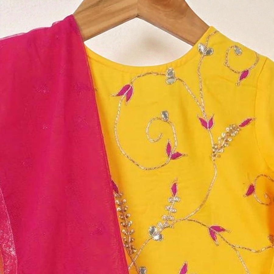 Girls Yellow Hand Work Kurti with Floral Lehenga and Dupatta (3 Piece)