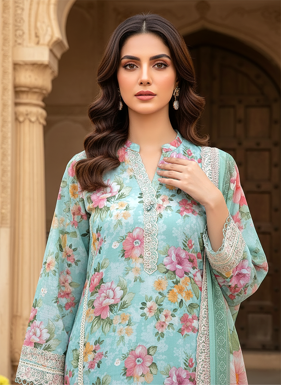 Cloudy Blue Floral Embroidered Lawn 3-Piece Stitched Suit with Cutwork Chiffon Dupatta