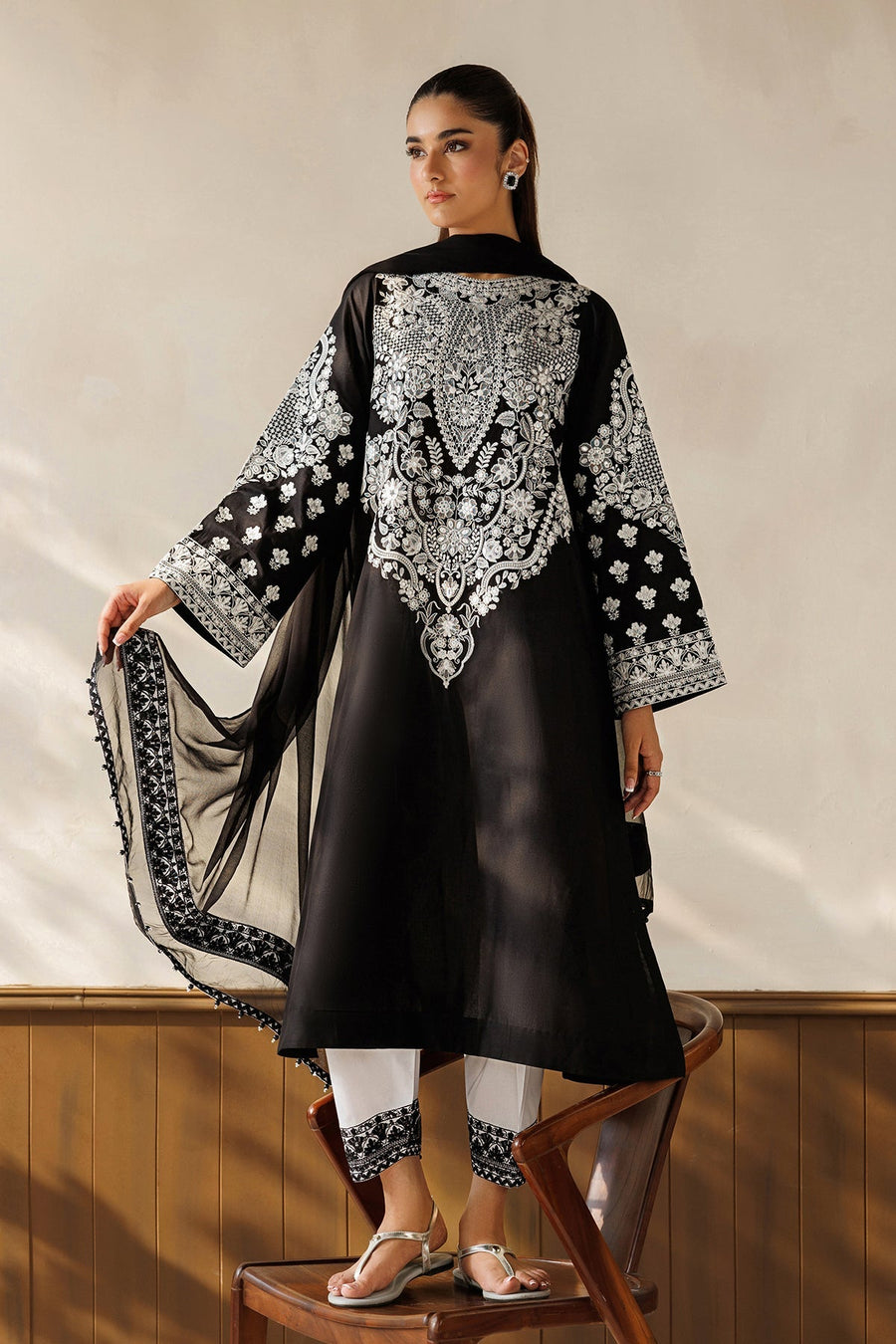 Black and White Embroidered Lawn Suit with Chiffon Dupatta