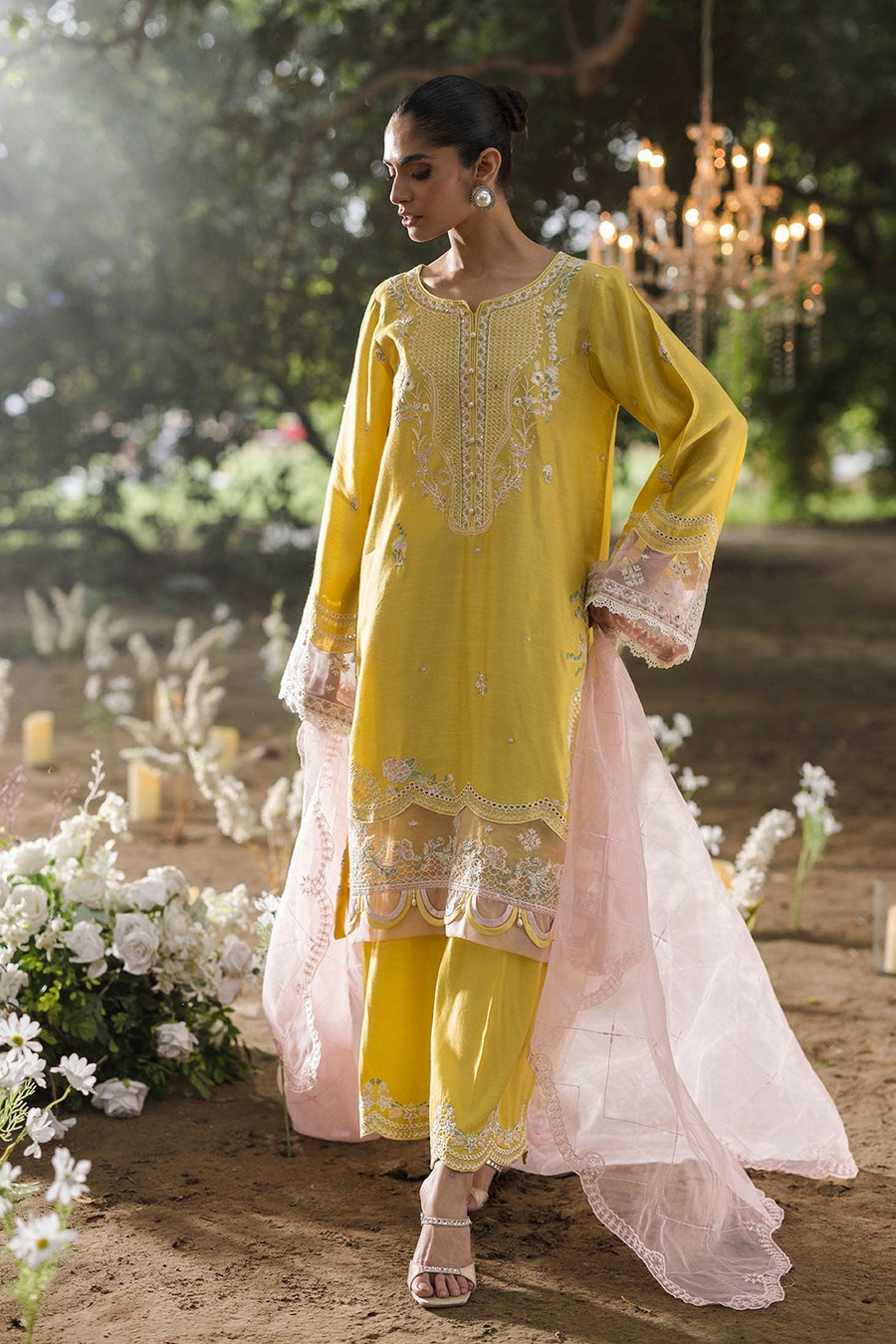 Lemon Yellow Embroidered Organza 3 Piece Suit with Pink Dupatta