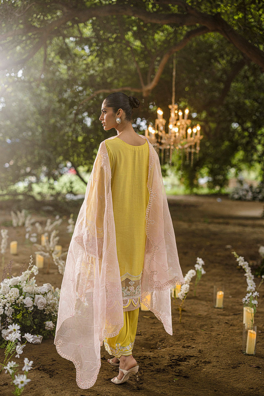Lemon Yellow Embroidered Organza 3 Piece Suit with Pink Dupatta