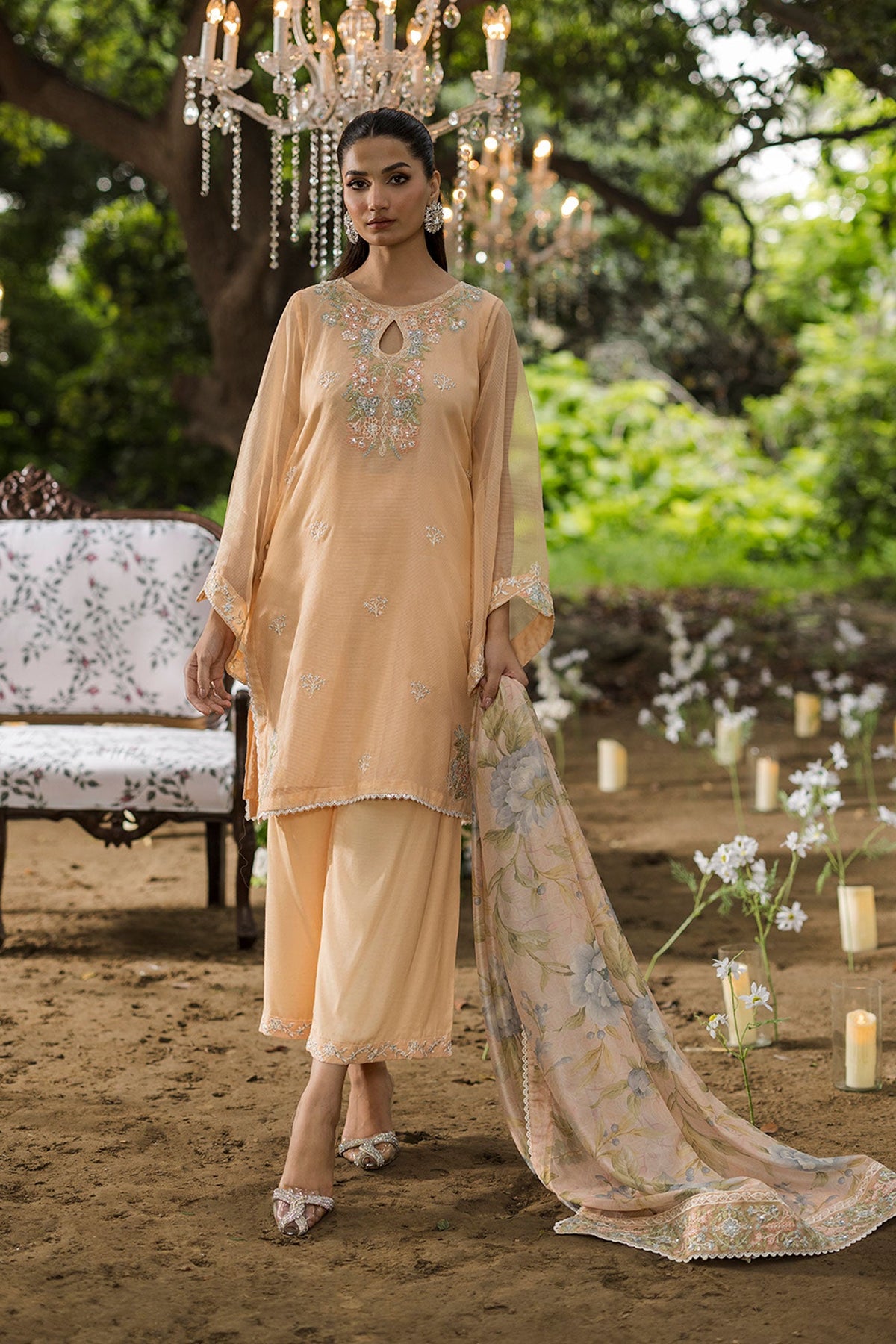 Peach Embroidered Organza 3 Piece Pakistani Suit with Floral Silk Dupatta