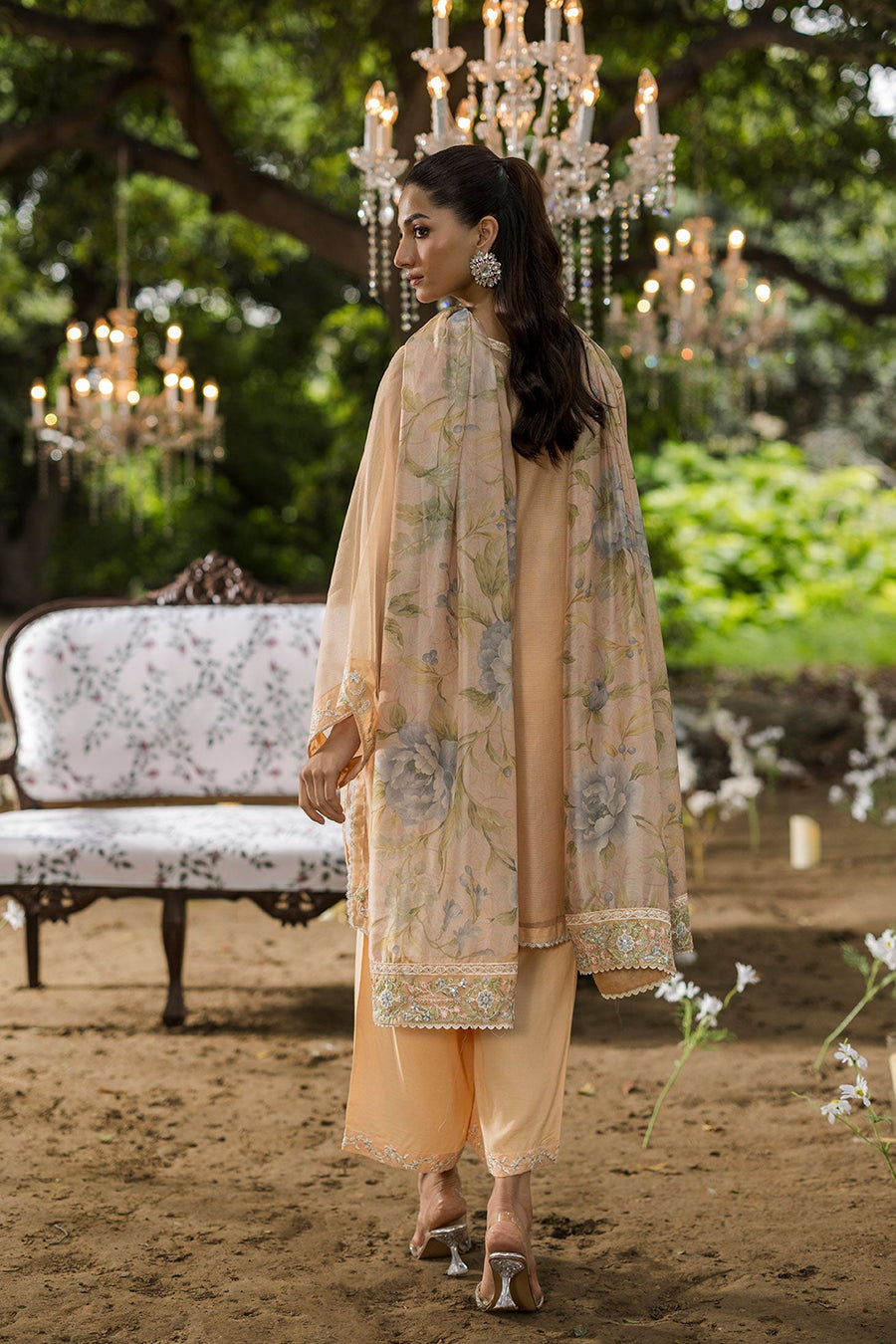 Peach Embroidered Organza 3 Piece Pakistani Suit with Floral Silk Dupatta