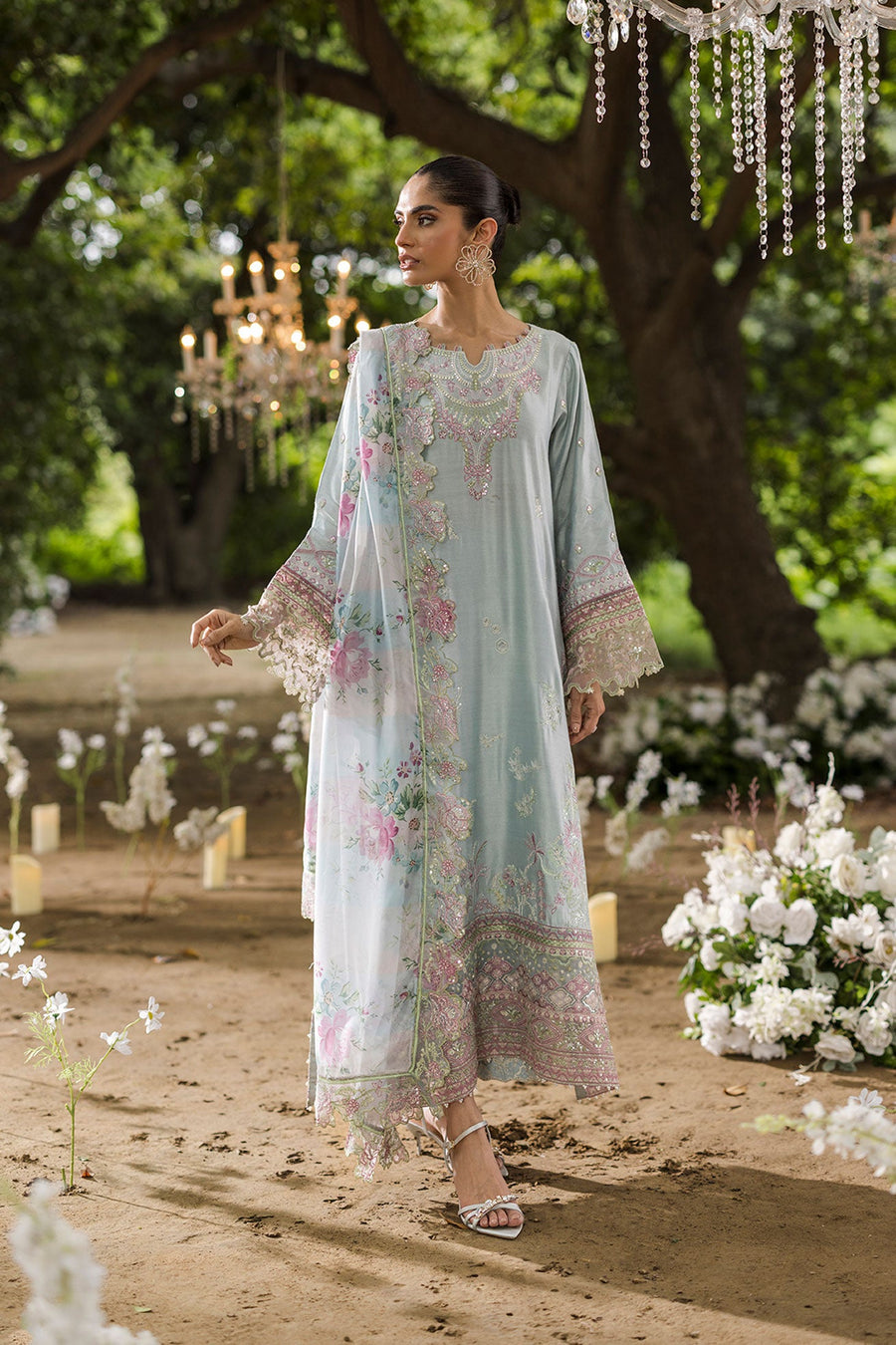 Sky Blue Embroidered Cotton Net 3-Piece Suit with Floral Silk Dupatta