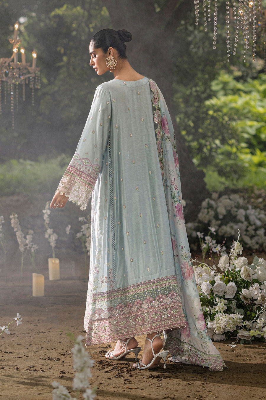 Sky Blue Embroidered Cotton Net 3-Piece Suit with Floral Silk Dupatta