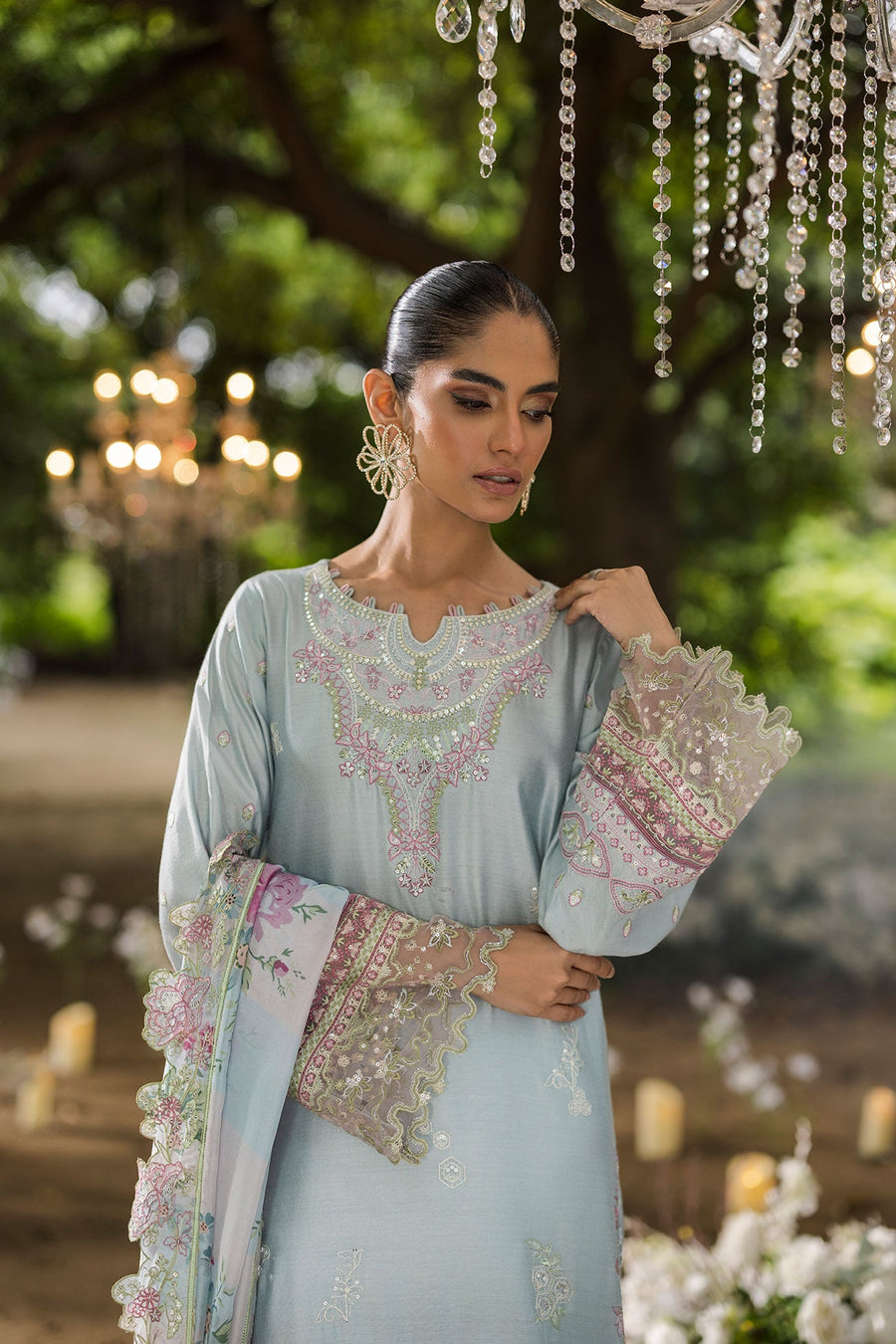 Sky Blue Embroidered Cotton Net 3-Piece Suit with Floral Silk Dupatta