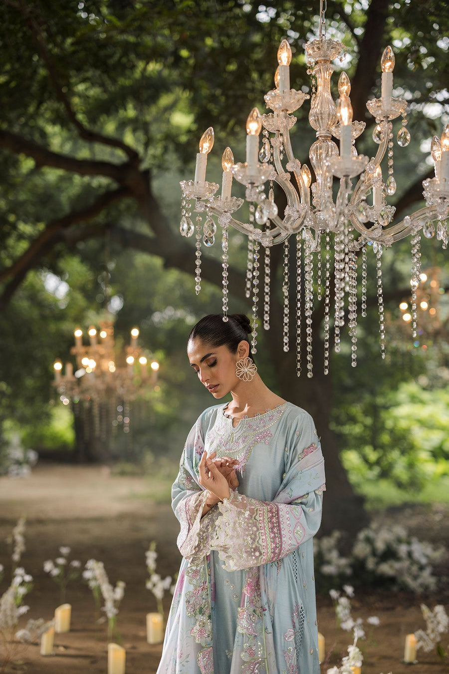 Sky Blue Embroidered Cotton Net 3-Piece Suit with Floral Silk Dupatta