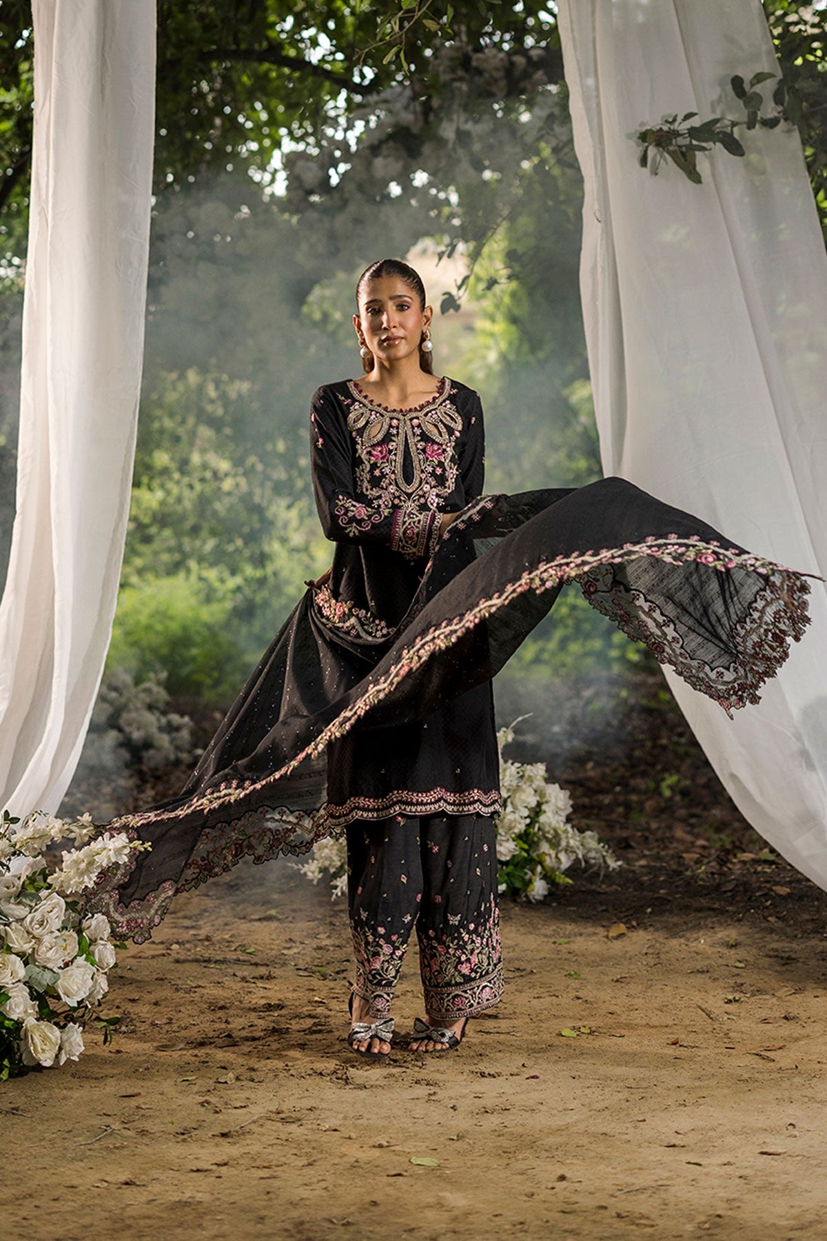 Black Embroidered Cotton Jacquard 3 Piece Pakistani Suit with Silk Dupatta